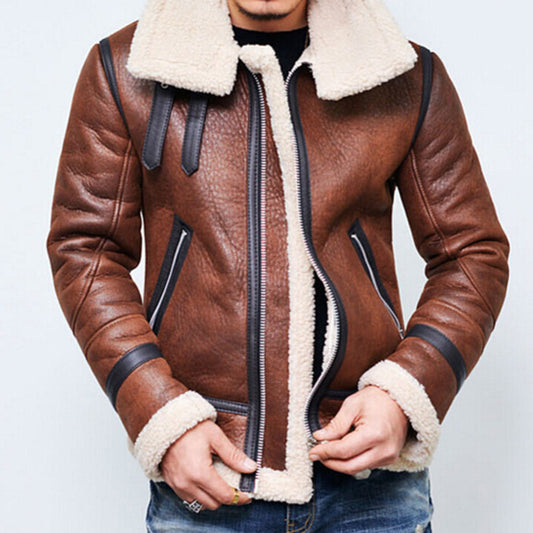 High Neck Fur Liner Lapel Leather Zipper Jacket