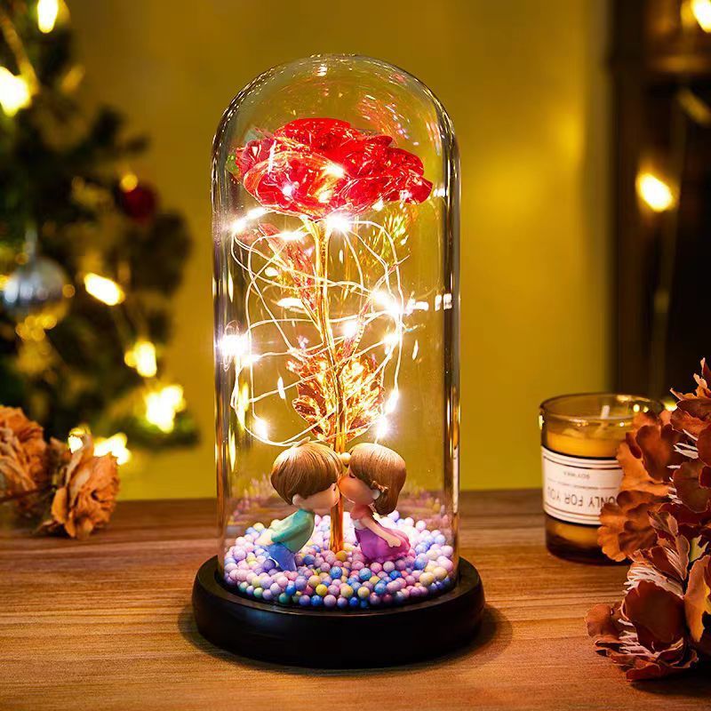 Valentines Eternal Rose LED Light Foil Flower In Glass Cover Night Light