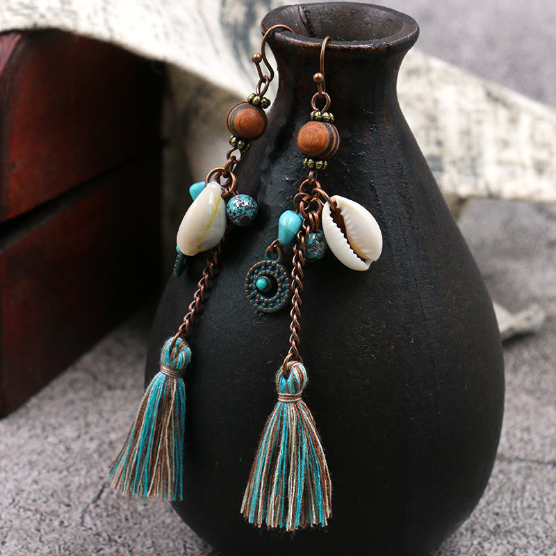 Handmade Beaded Long Tassel Shell Retro Wooden Earrings