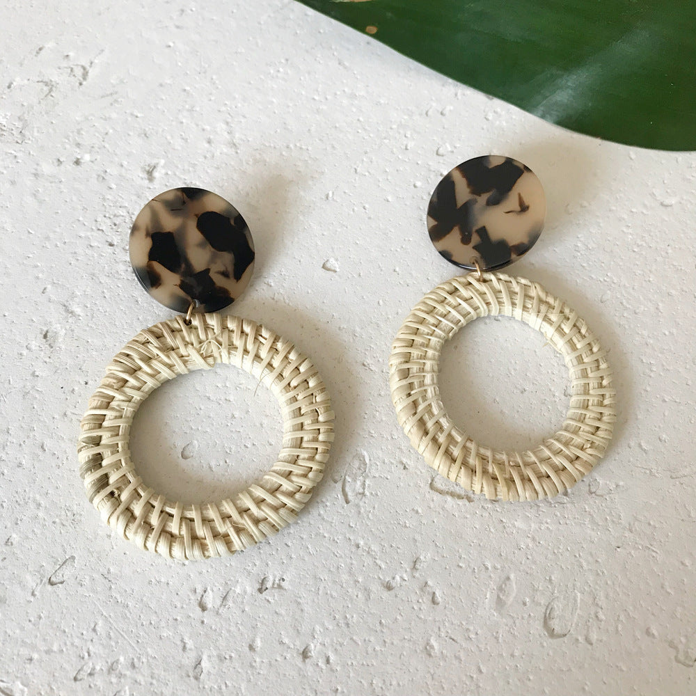 Resin Rattan Earrings Imported Bamboo And Rattan Handmade Leopard Earrings Geometric Round Earrings