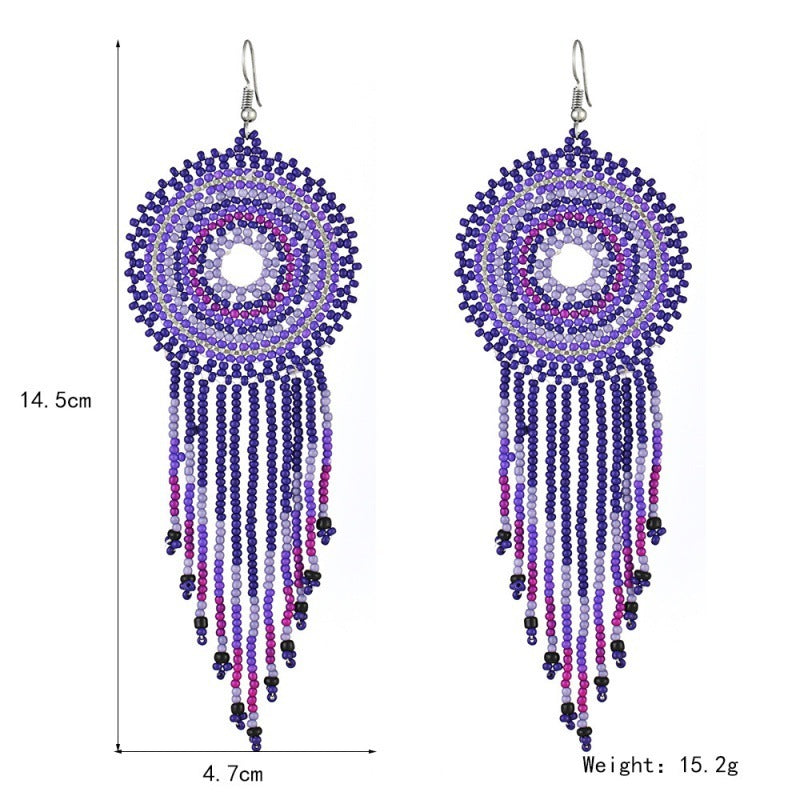 Multicolor Handmade Rice Beads Long Tassel Earrings