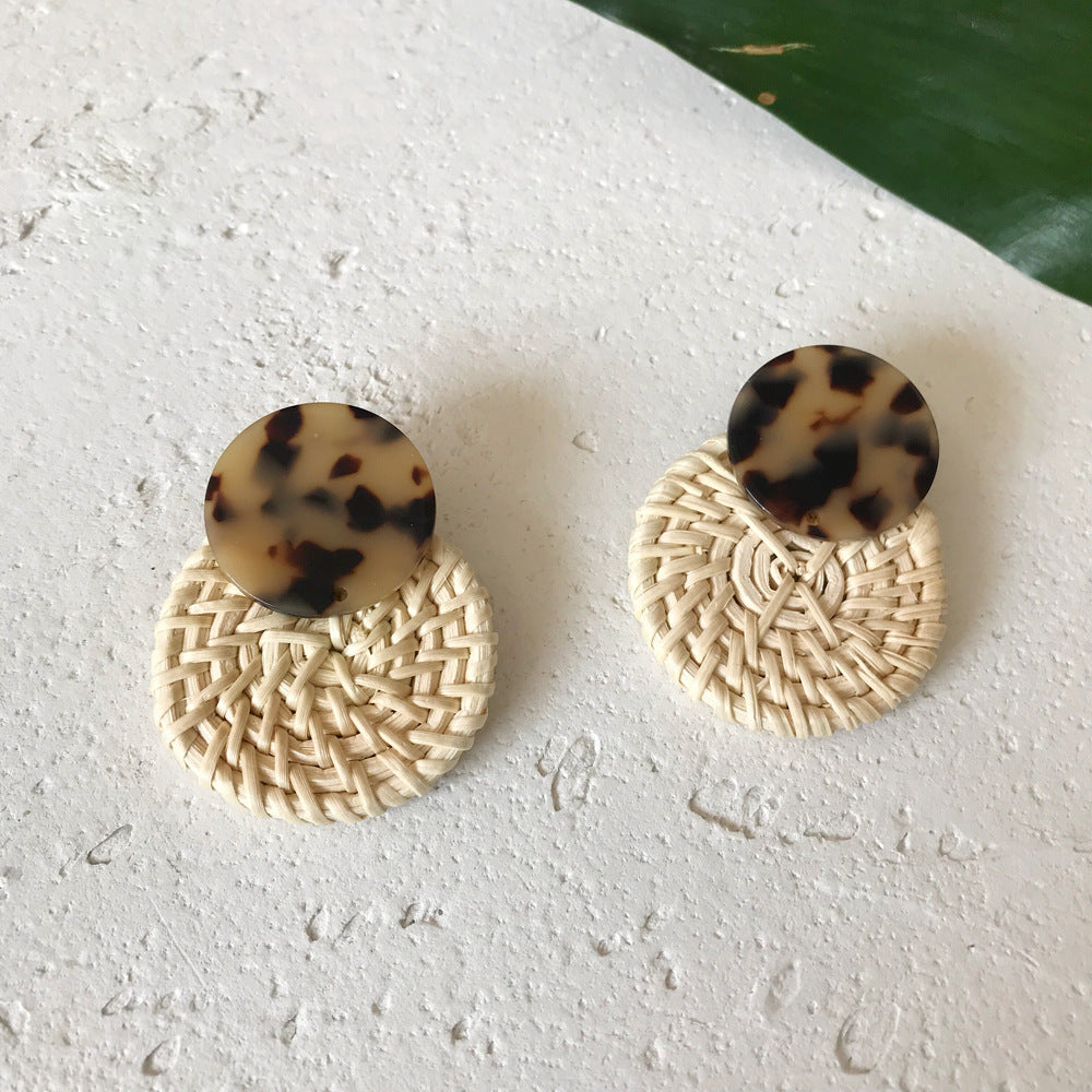 Resin Rattan Earrings Imported Bamboo And Rattan Handmade Leopard Earrings Geometric Round Earrings