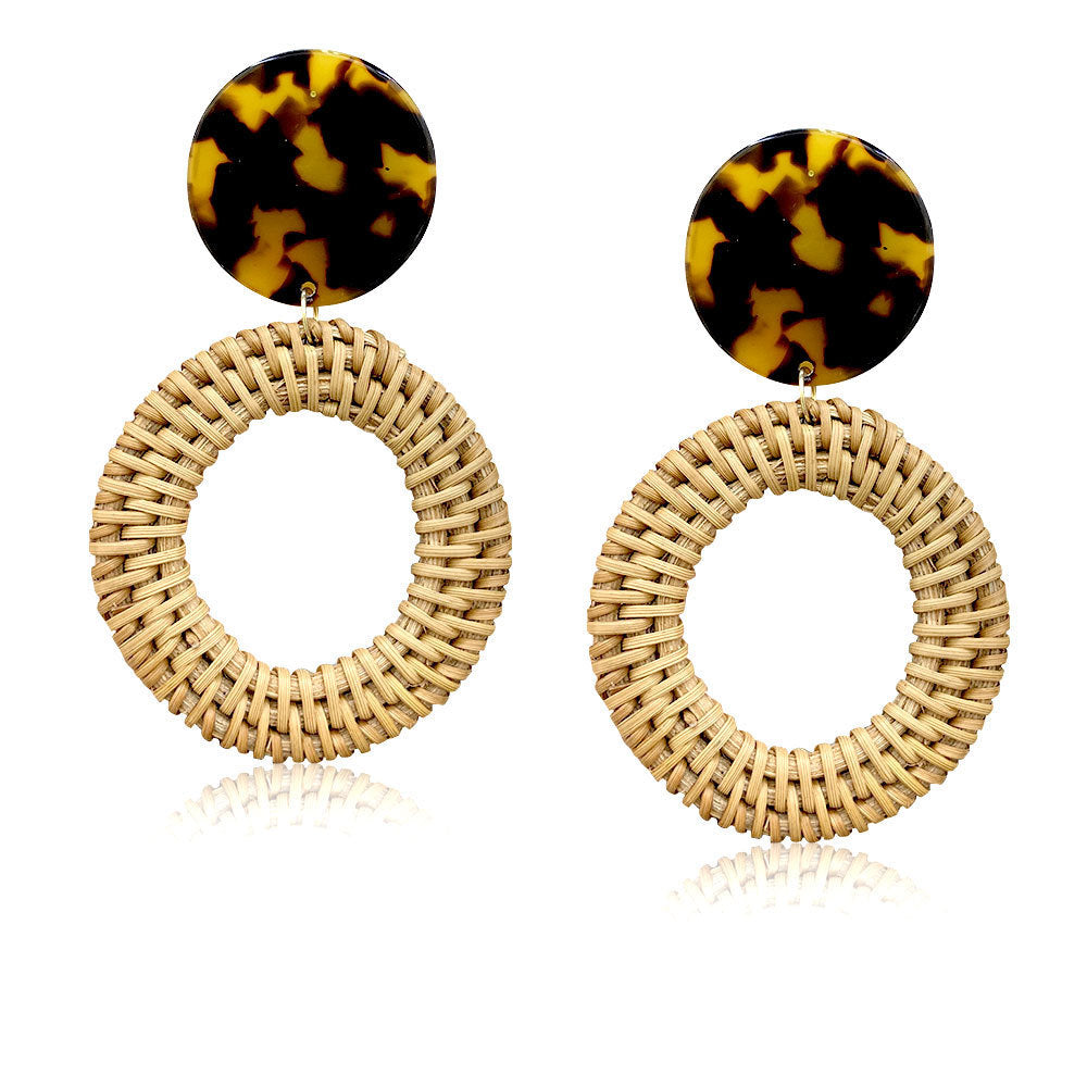 Resin Rattan Earrings Imported Bamboo And Rattan Handmade Leopard Earrings Geometric Round Earrings