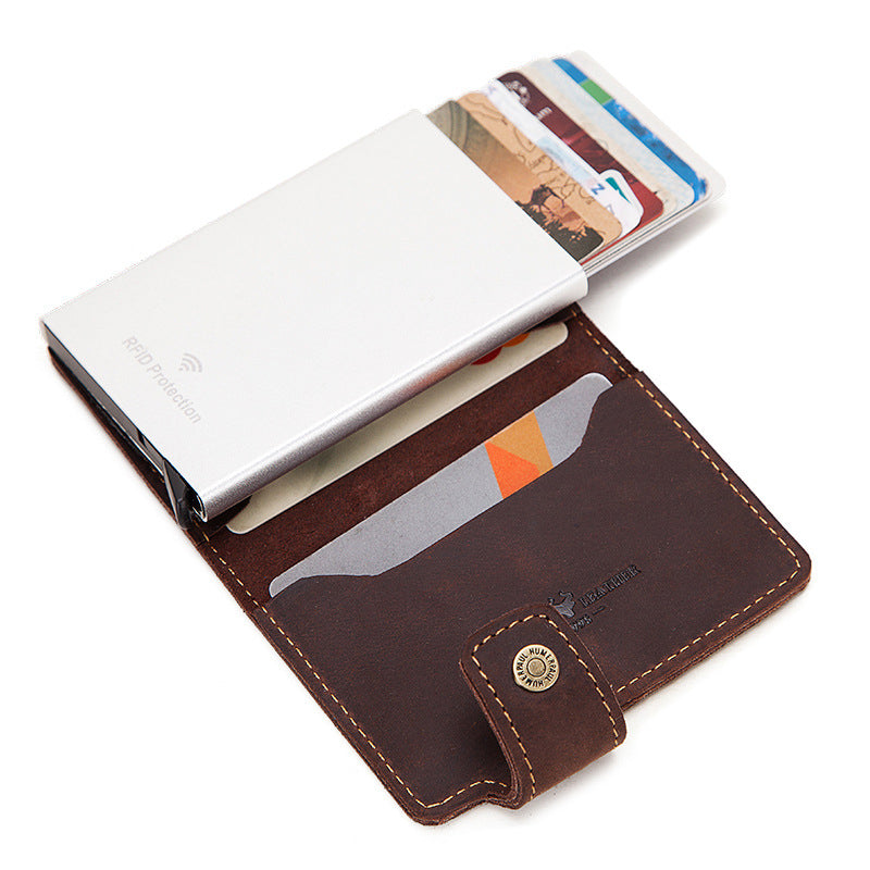 RFID Leather Automatic Pop Up Credit Card Case Business Card Case Metal Aluminum Card Holder