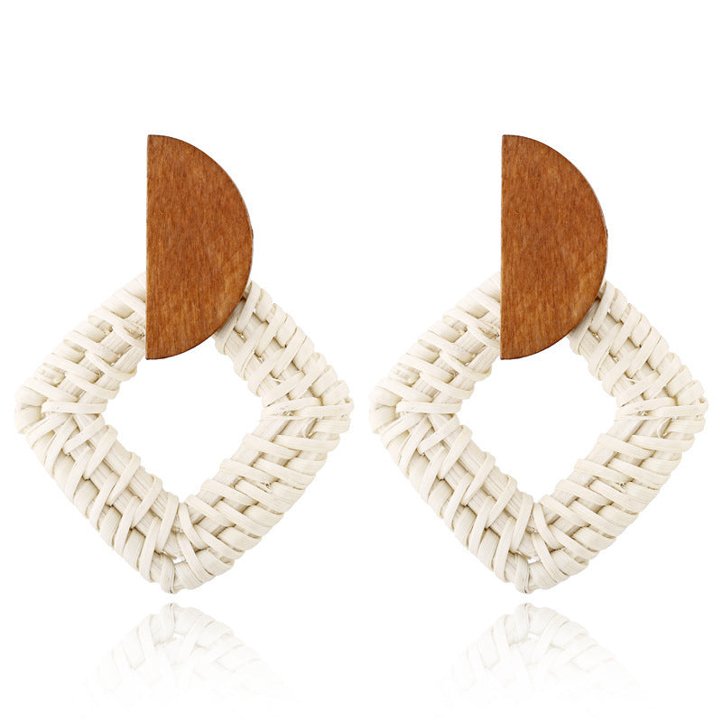 Handmade Bamboo Wood Rattan Straw Woven Geometric Hollow Earrings