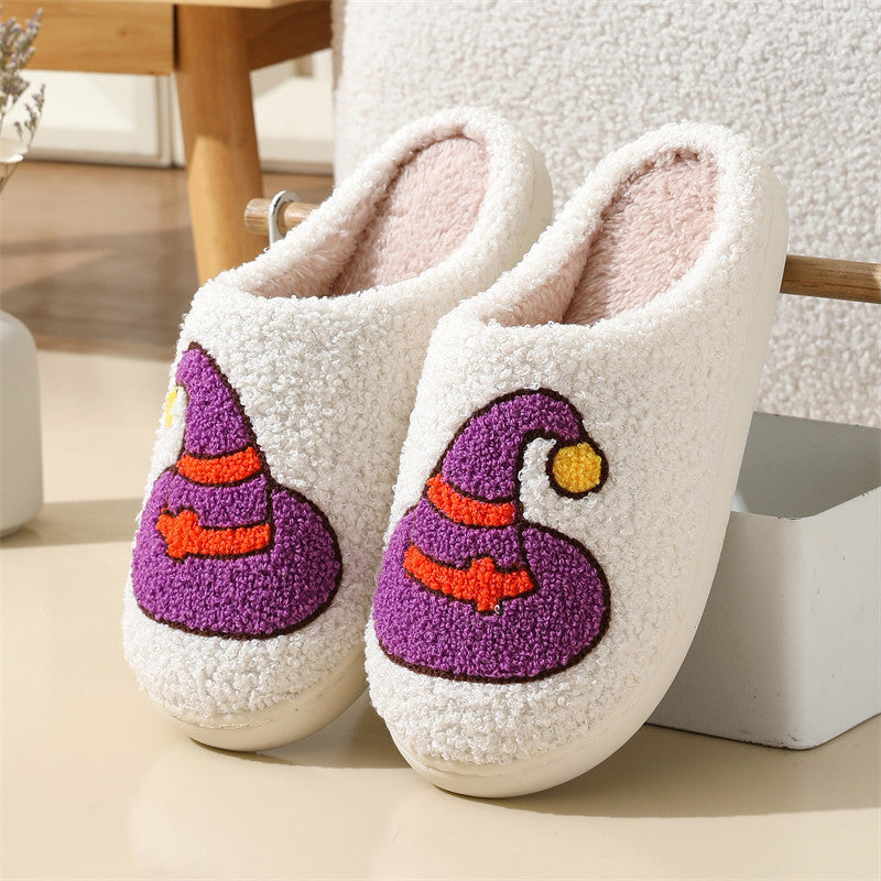 Halloween Spider Witch-hat Slippers Home Indoor Non-slip Floor Bedroom Slippers Winter Warm House Shoes For Women Men