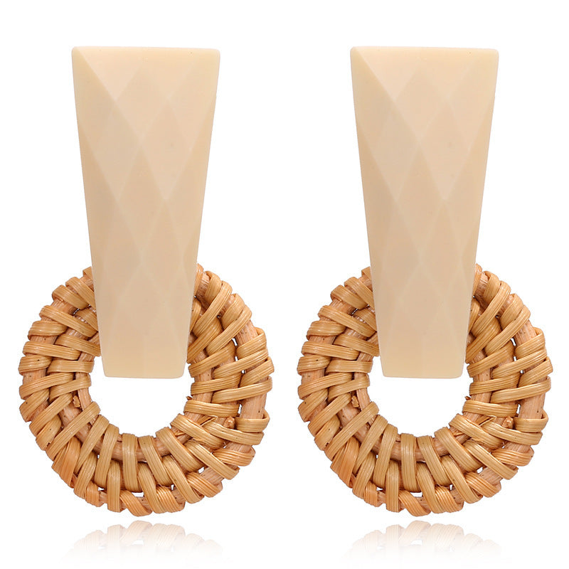 Handmade Bamboo Wood Rattan Straw Woven Geometric Hollow Earrings