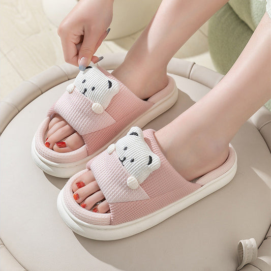 Cute Cartoon Bear Spring Fashion Slippers Thick-Soled Mute Linen Slipper