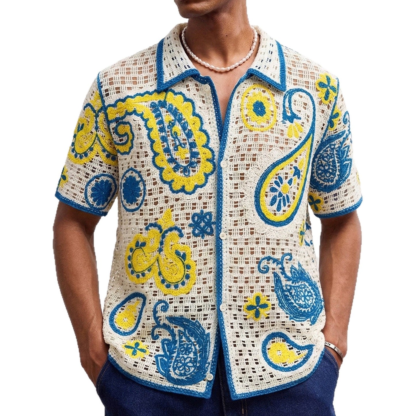 Retro Ethnic-Style Crochet Shirt