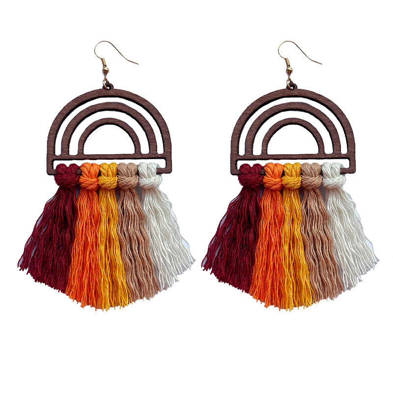 Handmade Wooden Bohemian Woven Tassel Earrings Fashion