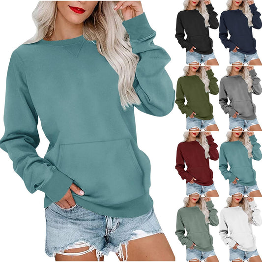 Solid Color Pullover Sweatshirt With Pocket Fashion Loose Round Neck Long Sleeves Top Womens Clothing