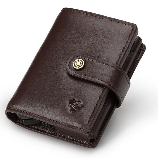 Leather RFID Card Holder Antimagnetic Short Wallet Retro Zipper Automatic