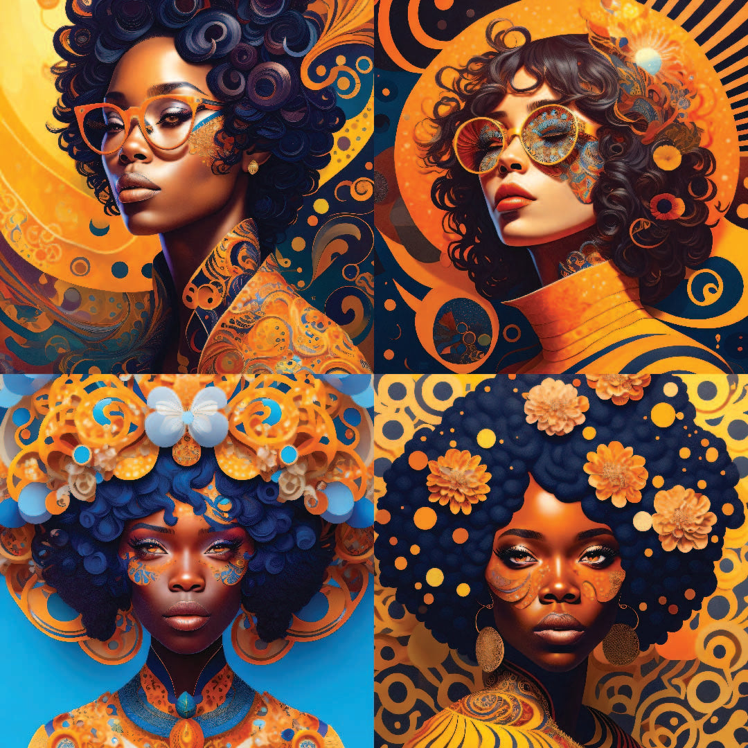 42 pièces « Art of Beautiful Black Women » Créateurs de conception artistique spéciale 3072 x 3072 1:1 et 1728 x 3072 16:9 Rapport d’aspect multiple Grande résolution Utilisation personnelle ou commerciale SVG Mock up Logo
