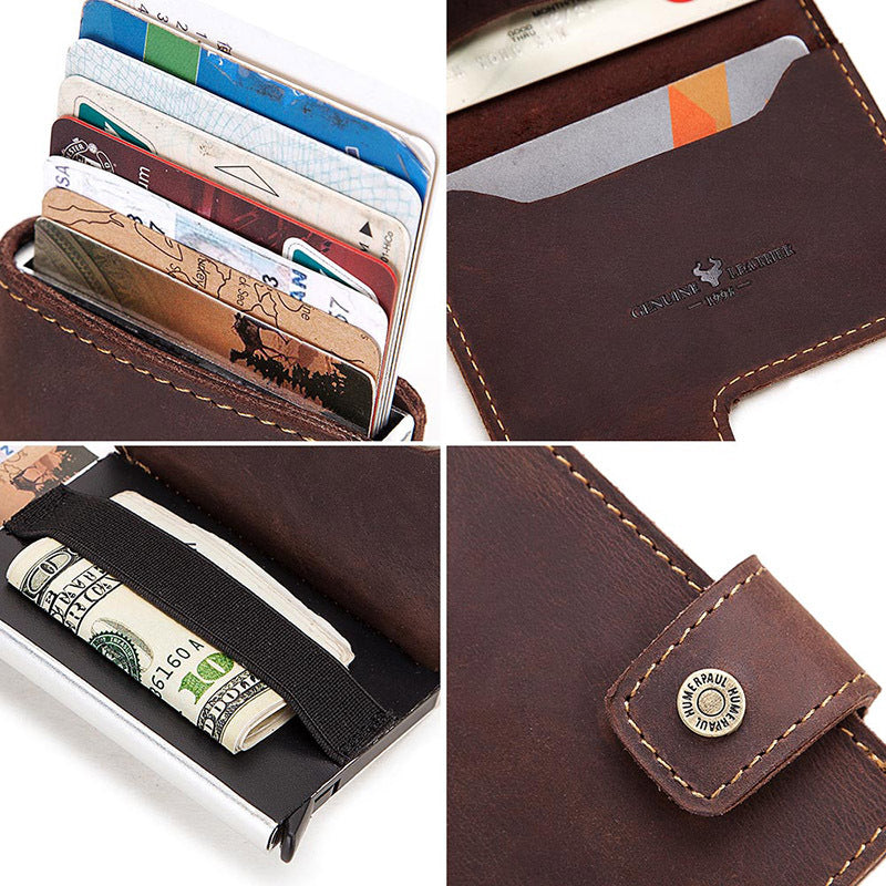 RFID Leather Automatic Pop Up Credit Card Case Business Card Case Metal Aluminum Card Holder