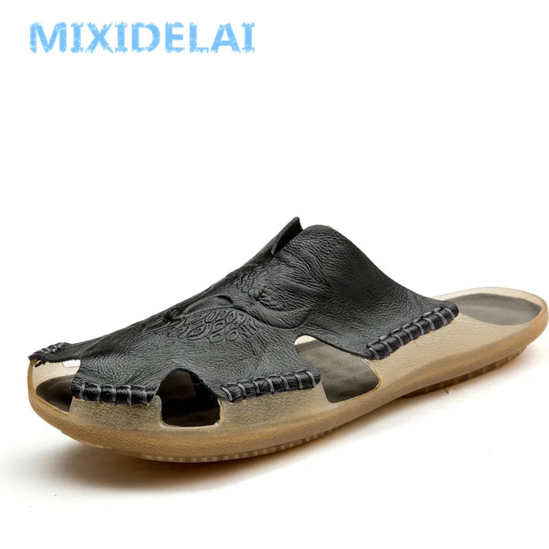 Nouveau Sandales antidérapantes en cuir pour hommes, pantoufles de plage, chaussures d'été confortables, tongs classiques pour hommes