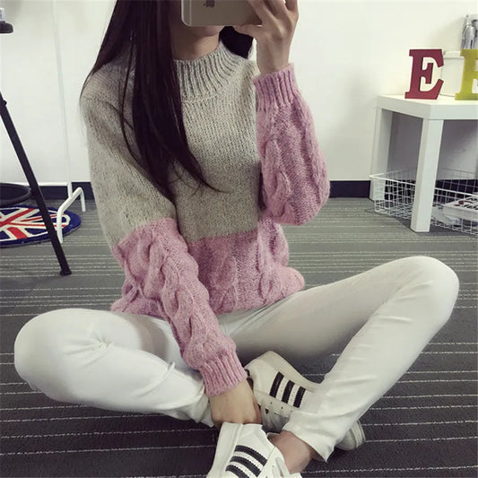 O-Neck Knitted Warm Pullover Sweater for Women Patchwork Color Soft for Autumn and Winter