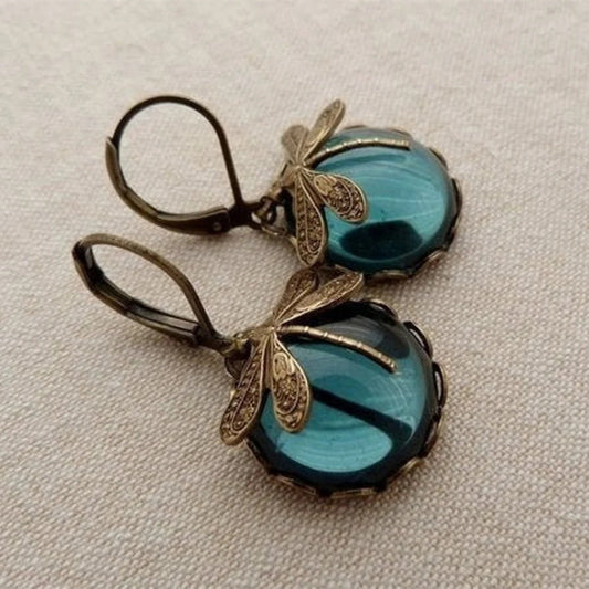 Fashion Jewelry Women's Earrings Hanging Vintage Dragonfly Pendant Earring Boho Chakra Blue Moonstone Drop Earrings For Women Wedding Charm Ethnic Jewellery