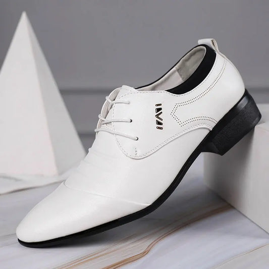 Classic Men Dress Shoes Lace-up White Leather Shoes for Plus Size Point Toe Business Casual Formal Shoes for Wedding