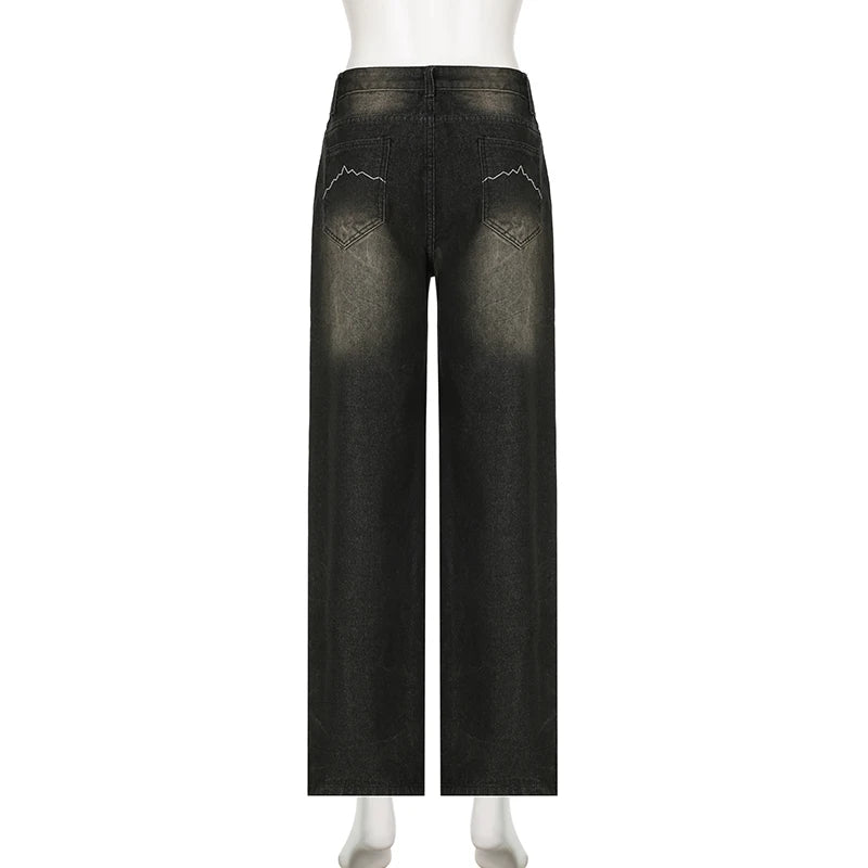 SUCHCUTE Low Waist Jeans for Women Goth Y2k Style Baggy Jeans Punk New Jeans Wide Leg Denim Pants Kpop Casual Loose Streetwear