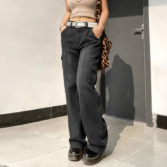 2025 Women's Cargo Jeans High Waist Baggy Dad Pants - Streetwear Straight Leg Casual Jeans with Irregular Pockets Free Shipping