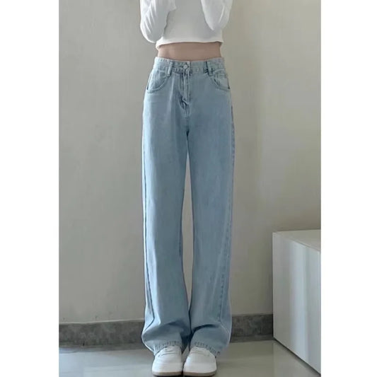 Autumn Spring Jeans Women Denim Pants Vintage Straight Trousers Fashion Female White Black Solid Loose Casual Wide Leg Pants