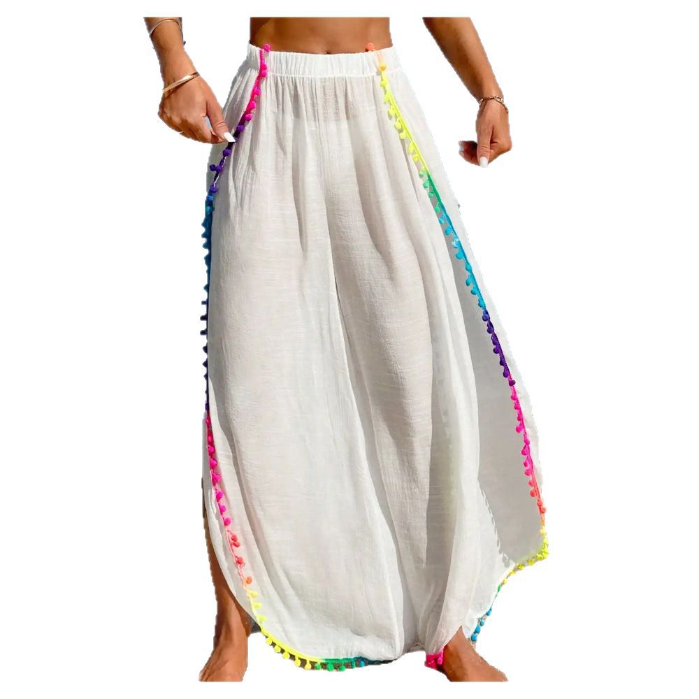 Colorful Tassel Patched Loose Asymmetrical Beach Pants