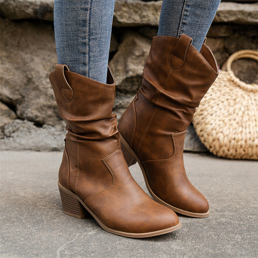 Vintage Leather Western Cowboy Boots with Square Heels