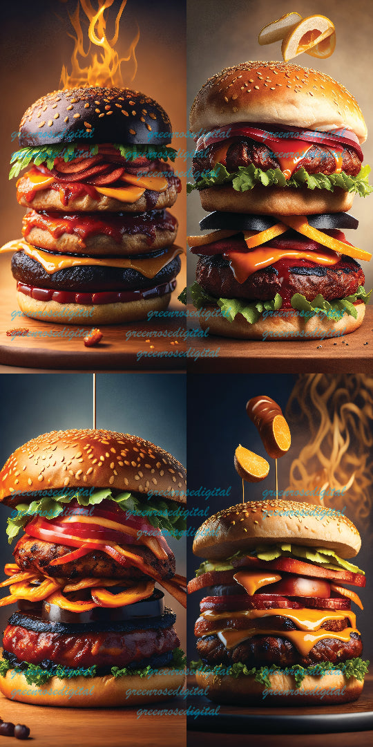 4 pièces « Fire Burger » Hamburgers Créateurs de conception artistique spéciale 1728 x 3072 Rapport d’aspect 16:9 Grande résolution Utilisation personnelle ou commerciale SVG Mock up Logo