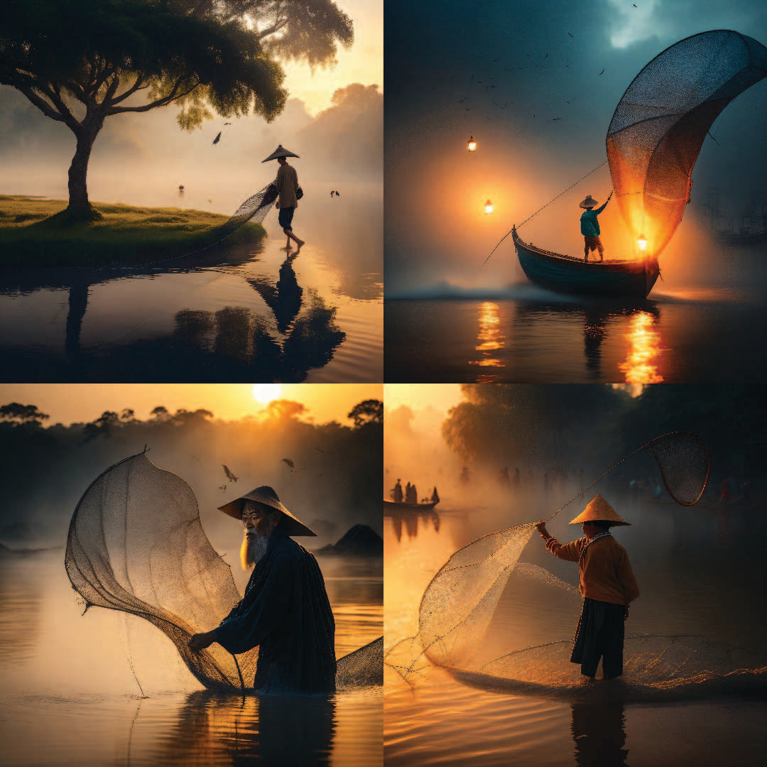 23 pièces « Pêcheur vietnamien » Œuvre d'art naturelle, conception d'art graphique spéciale