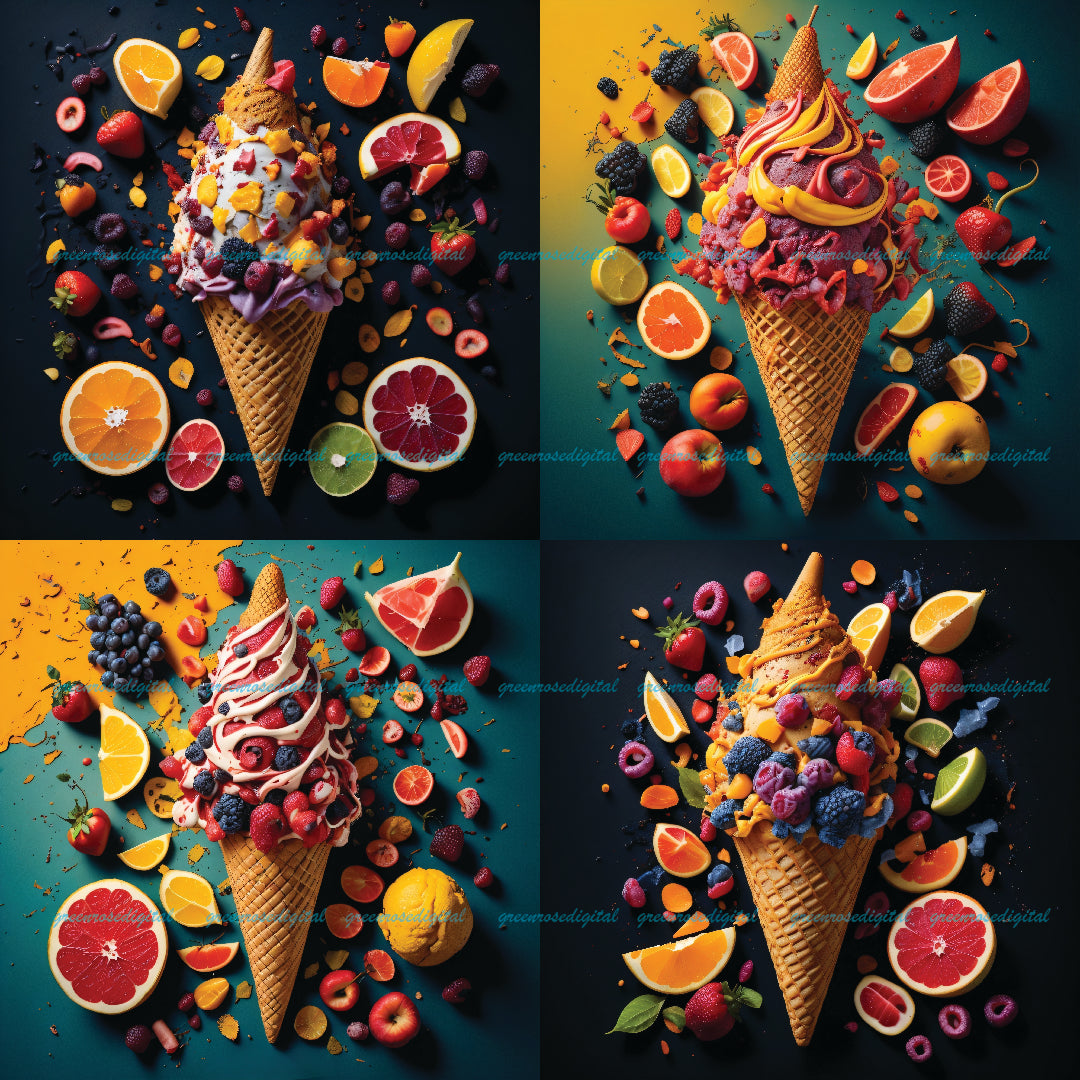 50 Pieces "Ice Cream Cone with Chocolate Fruit" Special Graphic Art Design