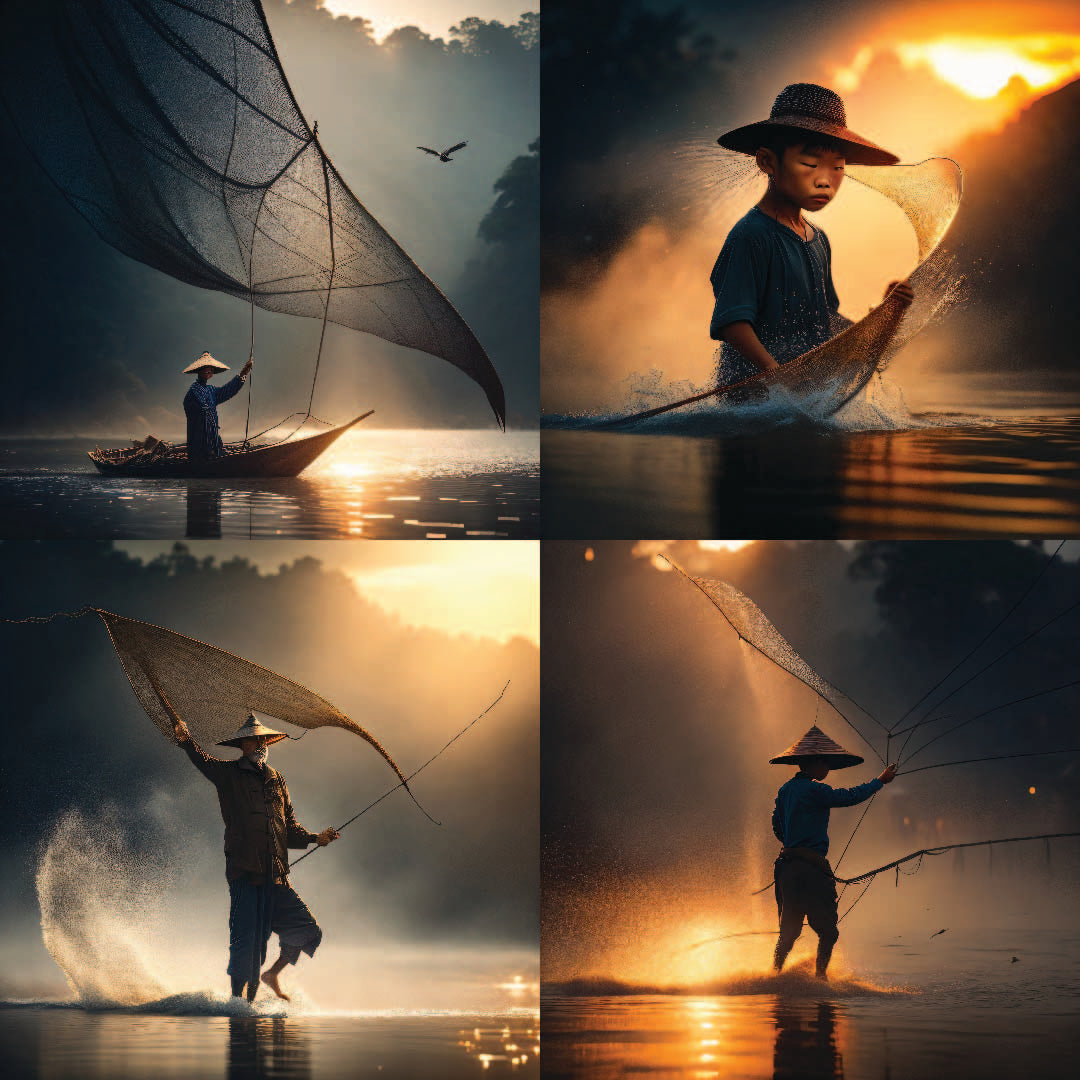 23 pièces « Pêcheur vietnamien » Œuvre d'art naturelle, conception d'art graphique spéciale