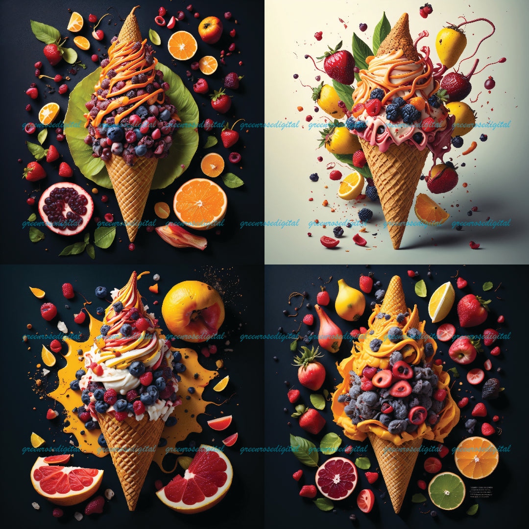50 Pieces "Ice Cream Cone with Chocolate Fruit" Special Graphic Art Design