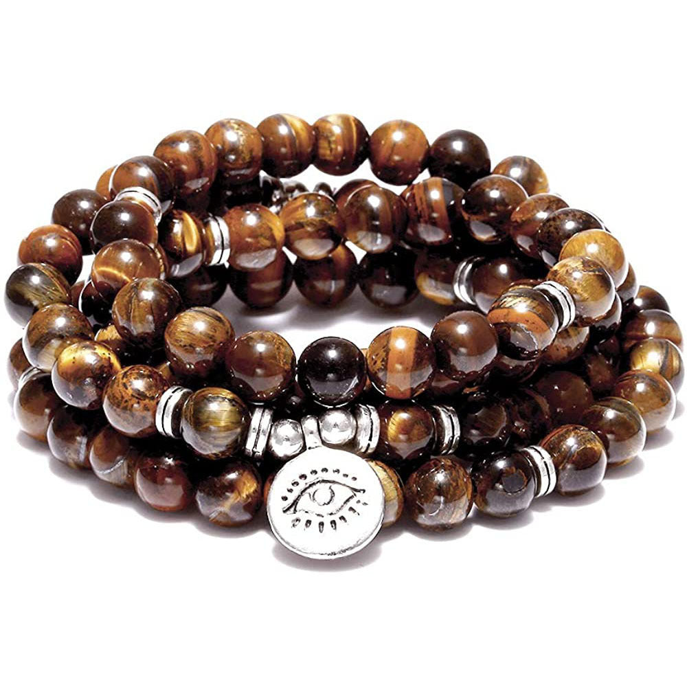 Tiger Eye Stone Bracelet Necklace 108 Buddha Beads Lotus Bracelet