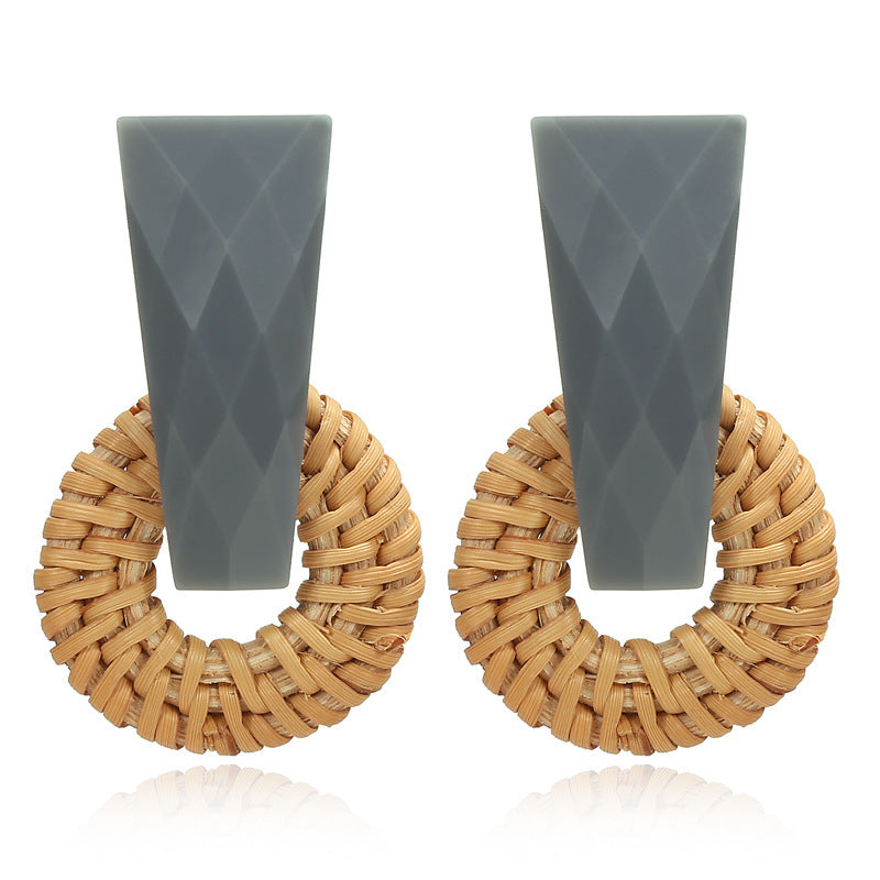 Handmade Bamboo Wood Rattan Straw Woven Geometric Hollow Earrings