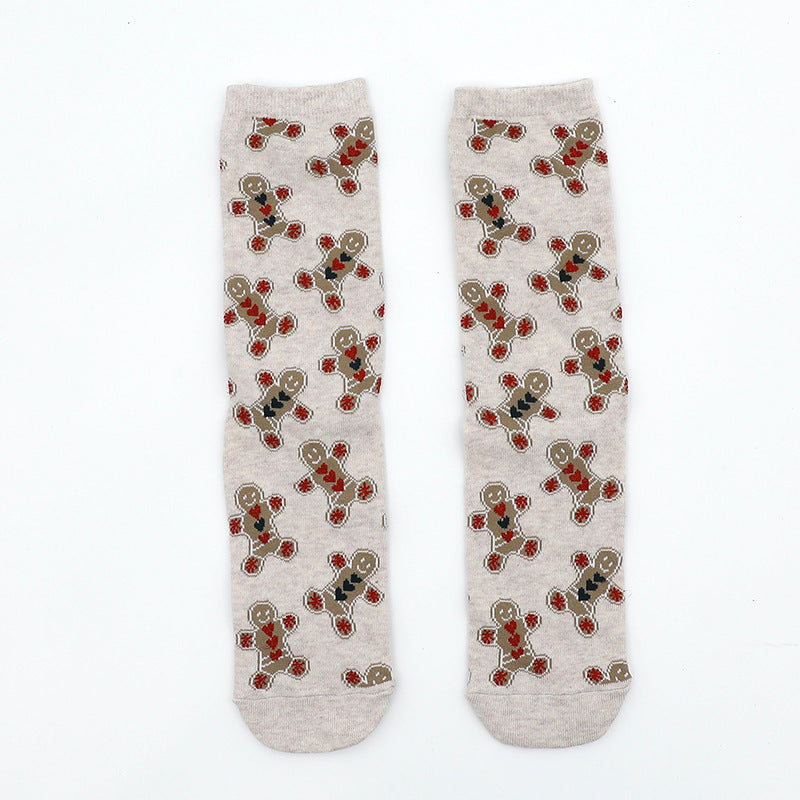 Christmas Couple Cotton Socks Gingerbread Man Gold Thread Men