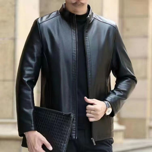 Leather Jacket Fleece Lined with Stand Collar