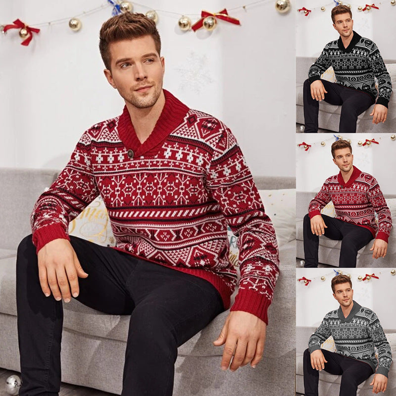 Christmas Elk Lapel Knitted Sweater Men