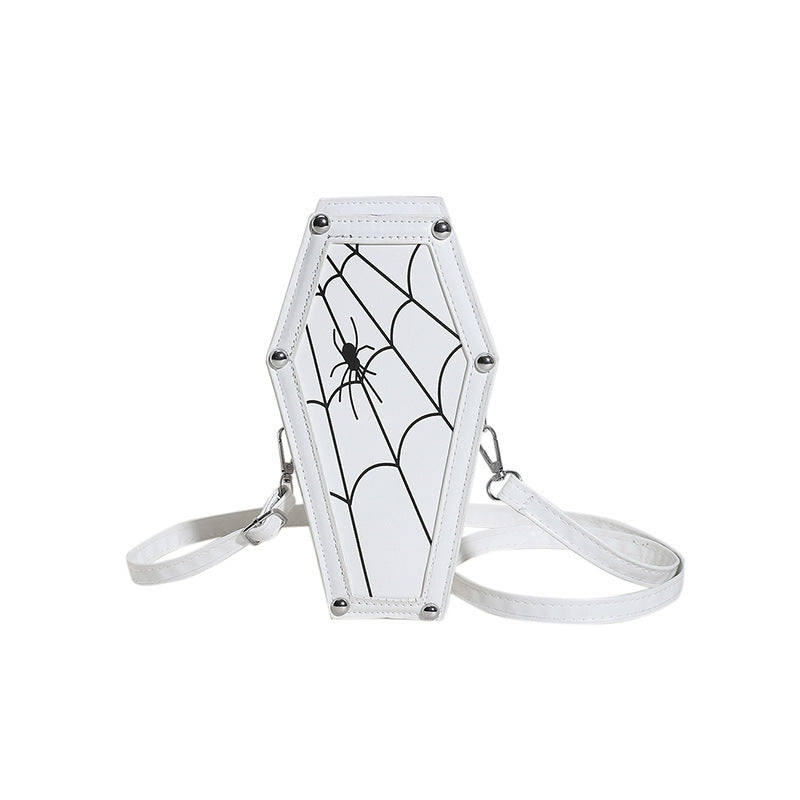 Halloween Coffin-Shape Shoulder Bag Gothic Ghost Spider Web Messenger Crossbody Phone Bag