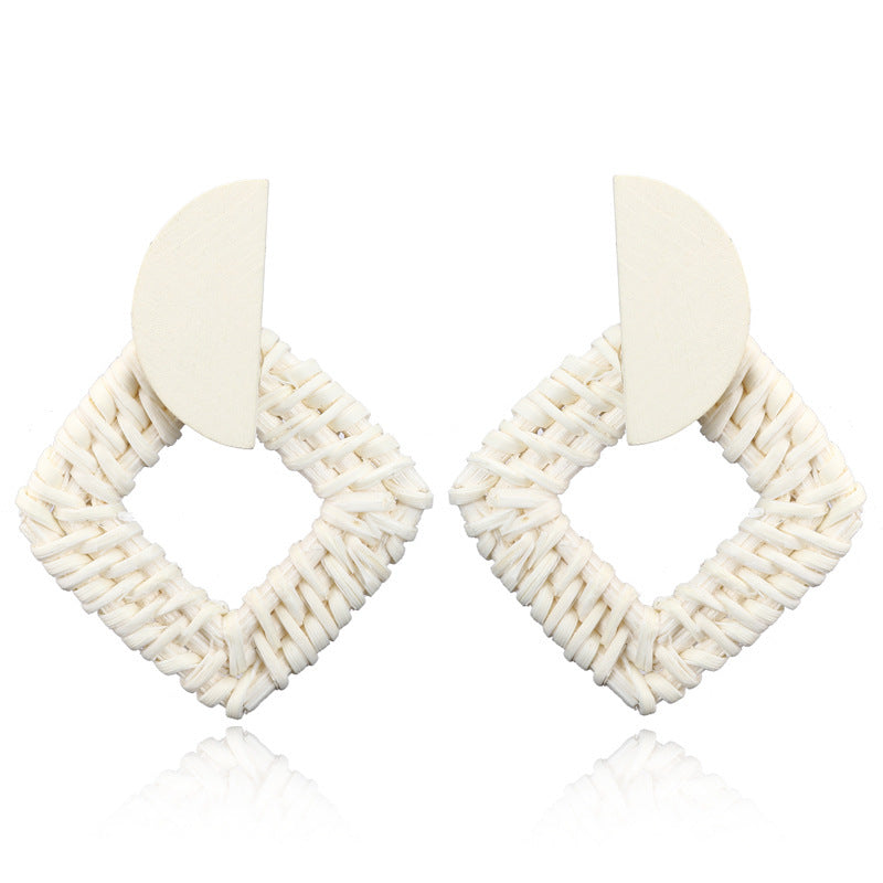 Handmade Bamboo Wood Rattan Straw Woven Geometric Hollow Earrings