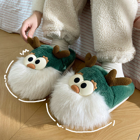 Cute Cartoon Plush Christmas Deer Cotton Slippers