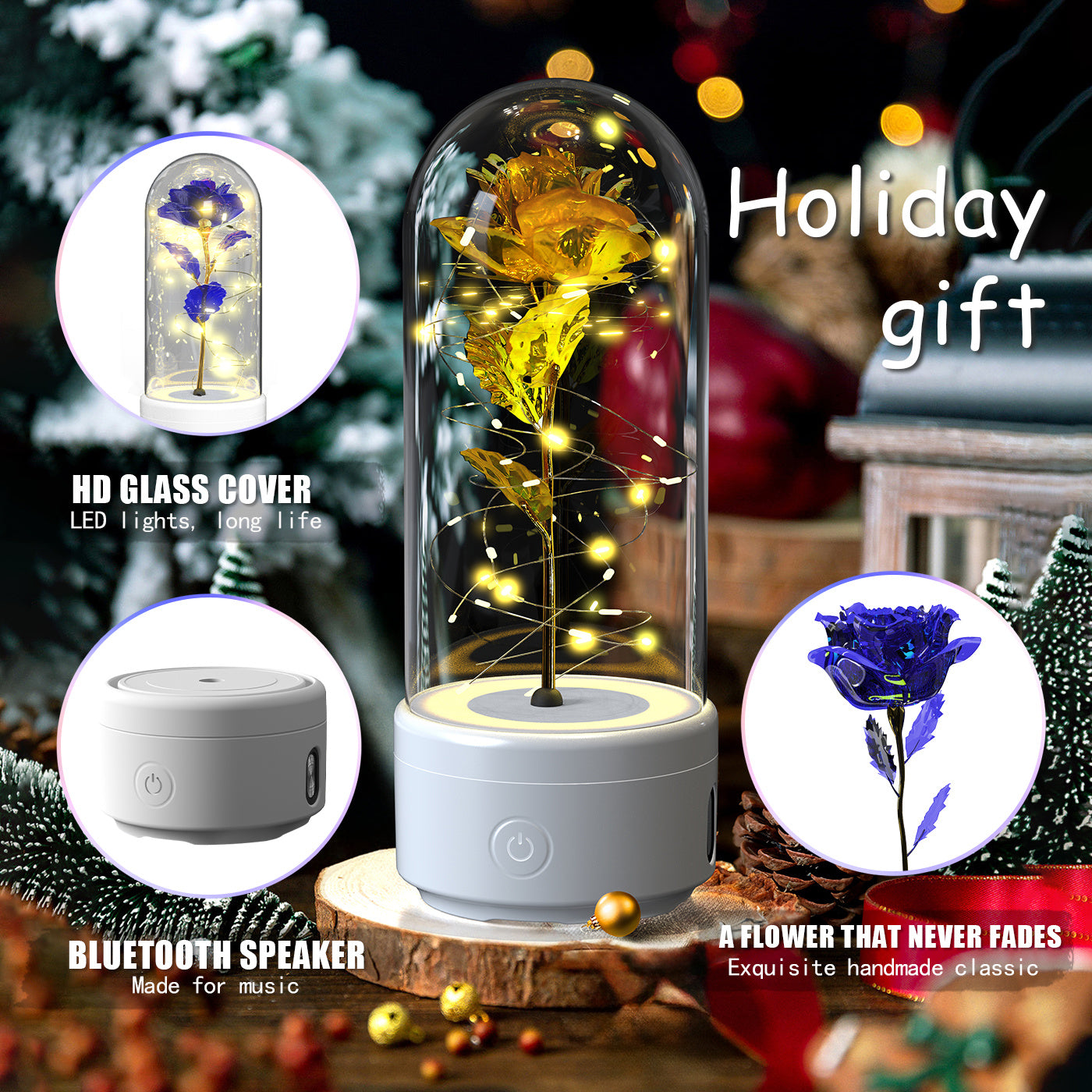 Valentines 2 In 1 Rose Flowers Luminous LED Night Light Bluetooth-Compatible Speaker Gift Glass Cover