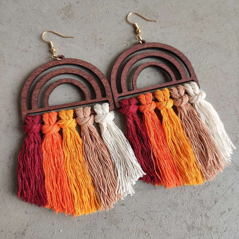 Handmade Wooden Bohemian Woven Tassel Earrings Fashion