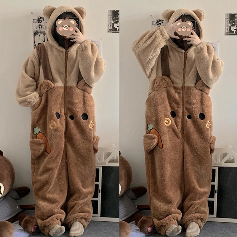 Cute Cartoon Bear One-piece Nightgown Coral Fleece Jumpsuit Homewear Winter Thickened Pajamas For Women