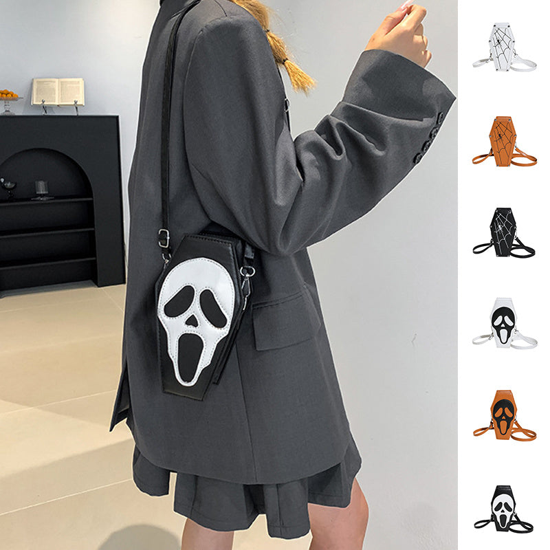 Halloween Coffin-Shape Shoulder Bag Gothic Ghost Spider Web Messenger Crossbody Phone Bag