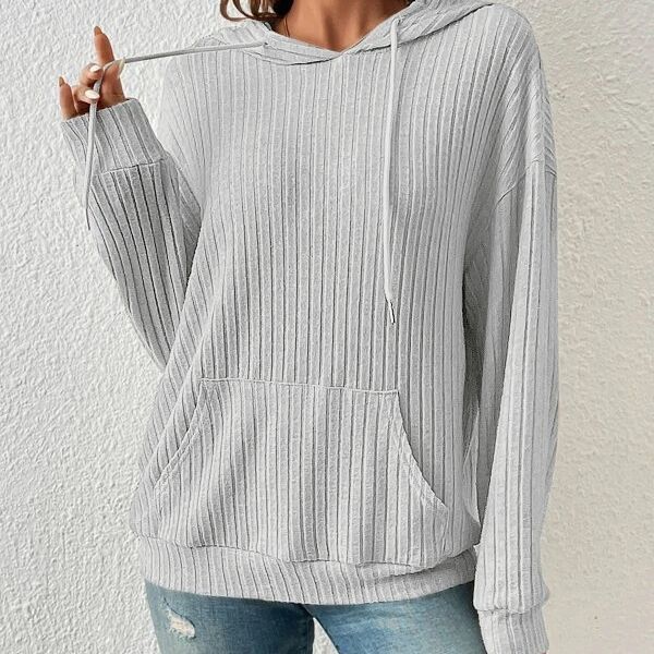 Fashion Drawstring Long-sleeved Hooded Sweatshirt With Pockets Solid Sunken Stripe Hoodie Knitwear Womens Clothing