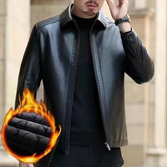 Leather Jacket Fleece Lined with Stand Collar