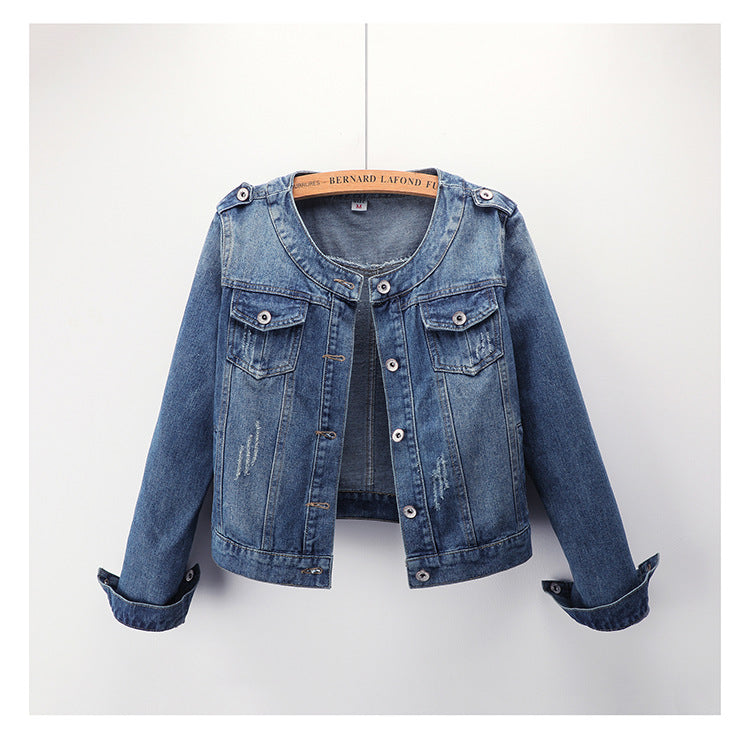Round Neck Casual Short Denim Jacket