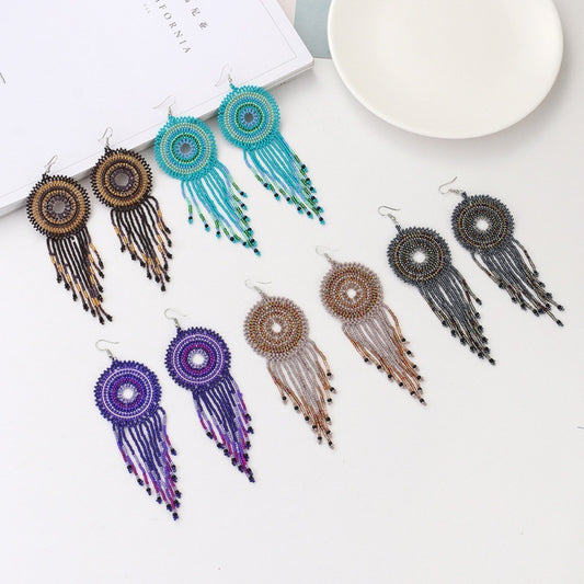 Multicolor Handmade Rice Beads Long Tassel Earrings