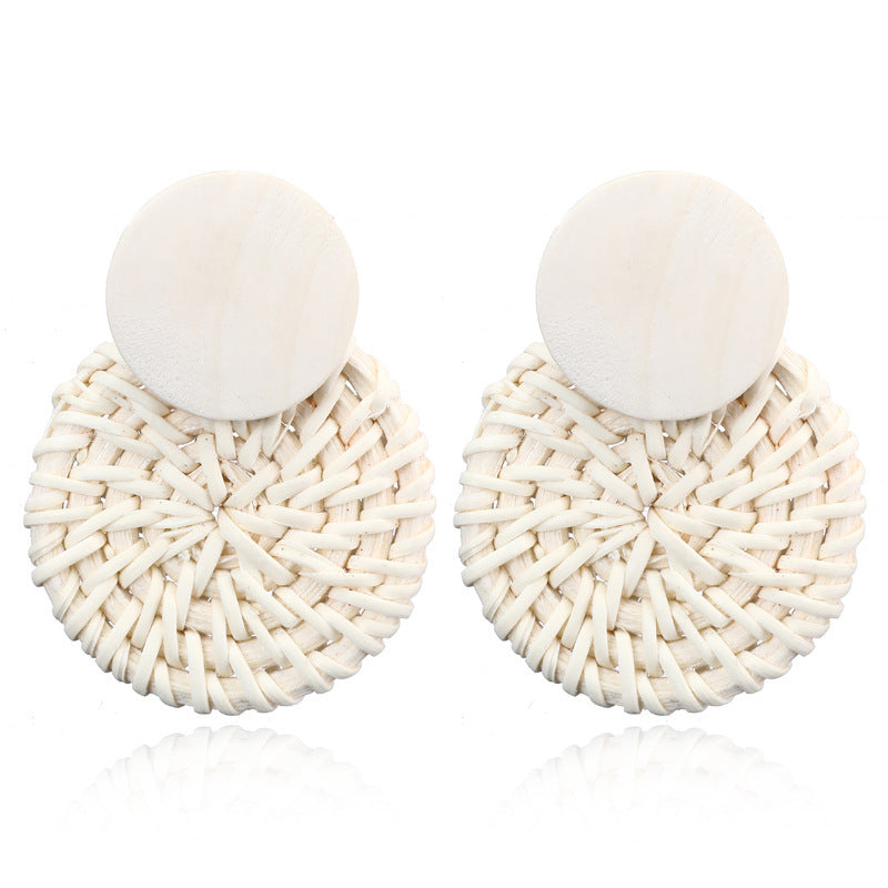 Handmade Bamboo Wood Rattan Straw Woven Geometric Hollow Earrings