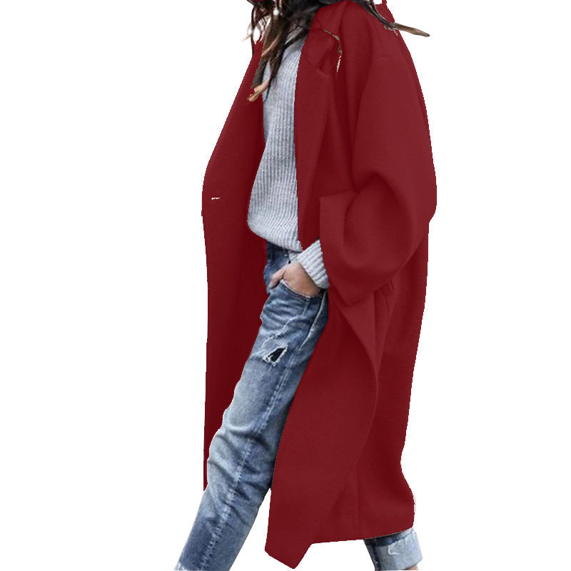 Casual Long Solid Single Breasted Lapel Woolen Jacket with Pockets